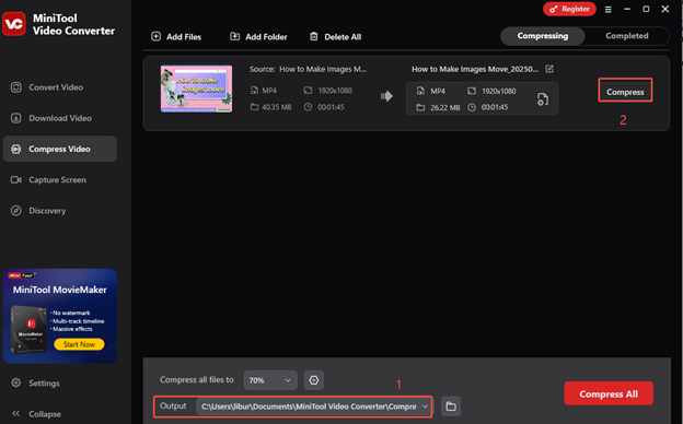 Change the save path by expanding Output and compress the video by clicking on Compress in MiniTool Video Converter