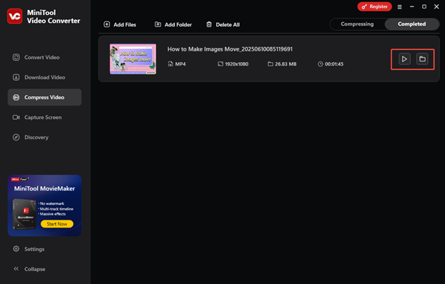 Click on the play icon to watch the compressed video or click on the folder icon to find the saved position in MiniTool Video Converter