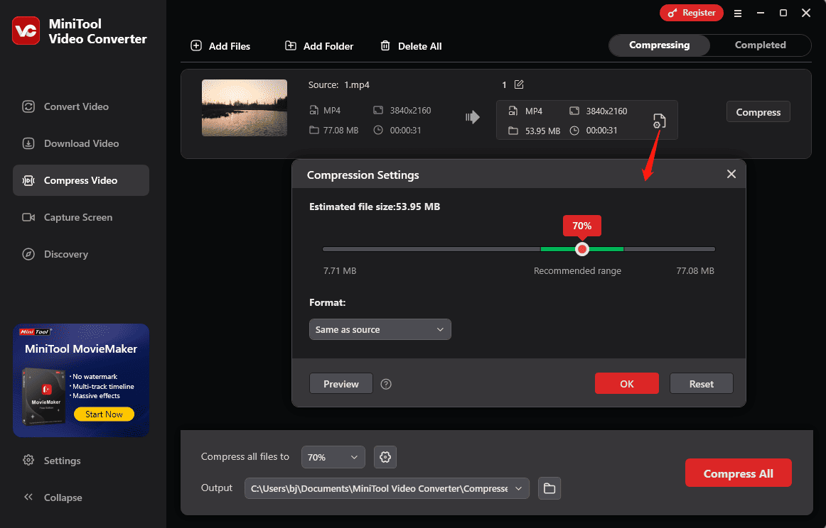 Adjust the compression level and choose a format in MiniTool Video Converter