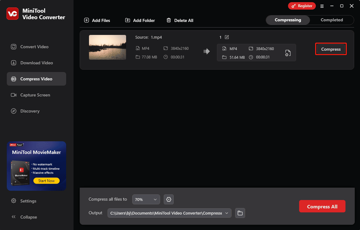 Click Compress to enable video compression in MiniTool Video Converter