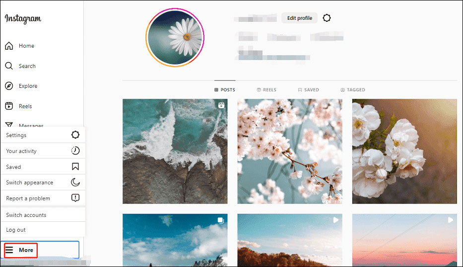 Click More in the bottom left and choose Log out on Instagram website