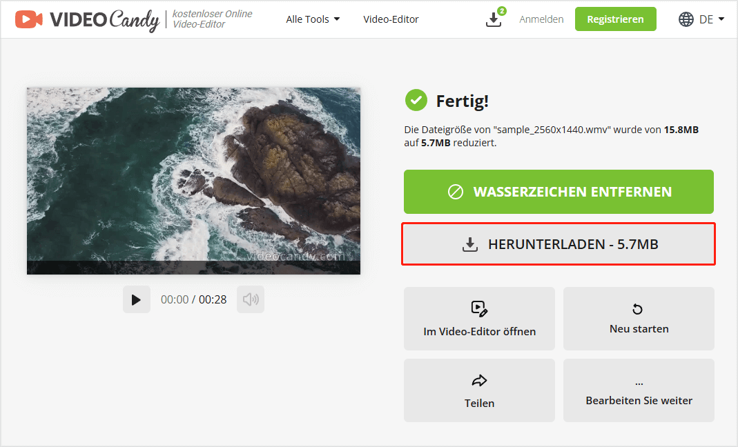 klicken Sie in Video Candy entweder auf „WASSERZEICHEN ENTFERNEN“, um das Wasserzeichen vom Video zu entfernen, oder auf „HERUNTERLADEN“, um das komprimierte Video direkt zu speichern