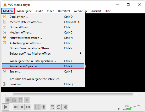 klicken Sie in VLC auf „Medien“ und wählen Sie „Konvertieren/Speichern“ aus