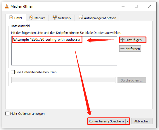 klicken Sie in VLC auf „+ Hinzufügen“ und dann auf „Konvertieren / Speichern“
