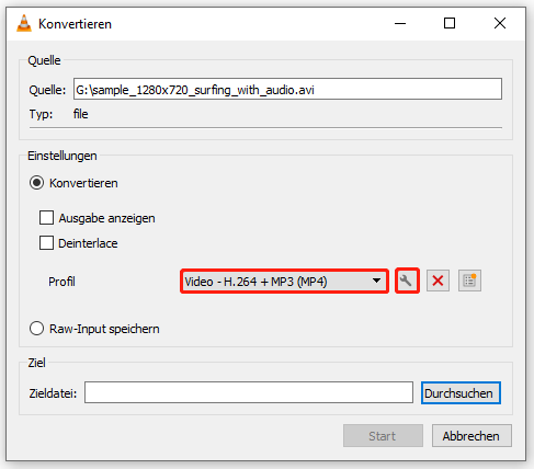 gewünschtes Format aus dem Dropdown-Menü „Profil“ auswählen und auf das Symbol „Schraubenschlüssel“ klicken, um weitere Einstellungen anzupassen