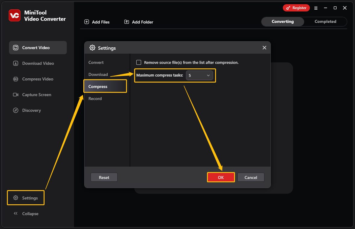 Choose Settings, select the Compress option, and set the maximum compress tasks in MiniTool Video Converter