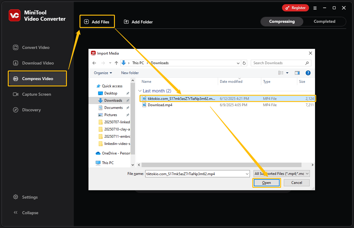 Choose the Compress Video option, click Add Files, select a video, and click Open in MiniTool Video Converter