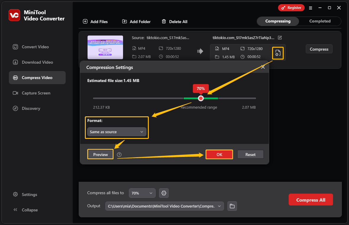 In MiniTool Video Converter, choose the settings icon, set the compression level, choose an output format, preview the video, and click OK
