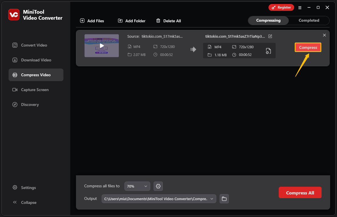 Click the Compress button to start compressing the video in MiniTool Video Converter