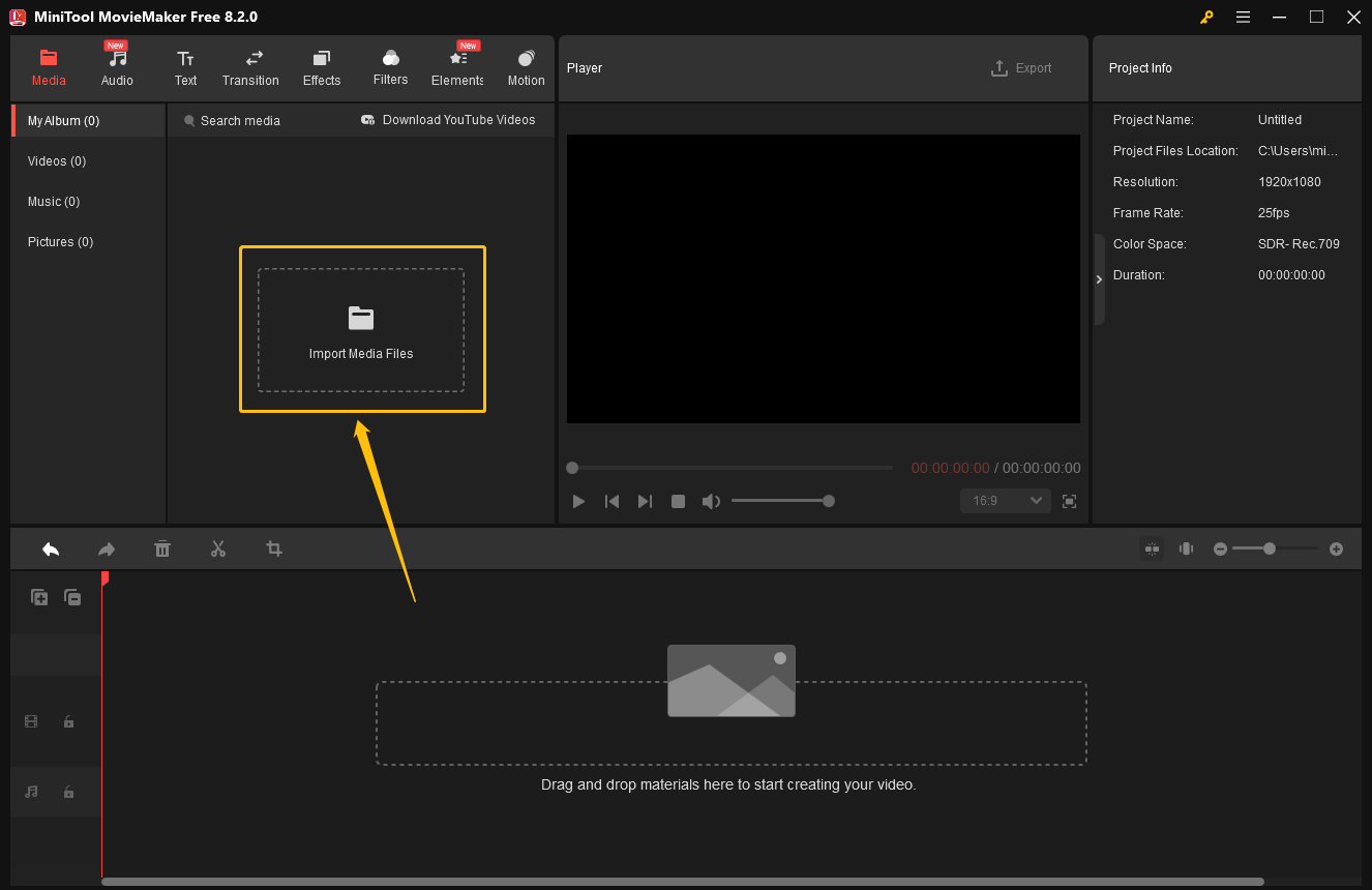 Click Import Media Files to upload the video you want to compress in MiniTool MovieMaker