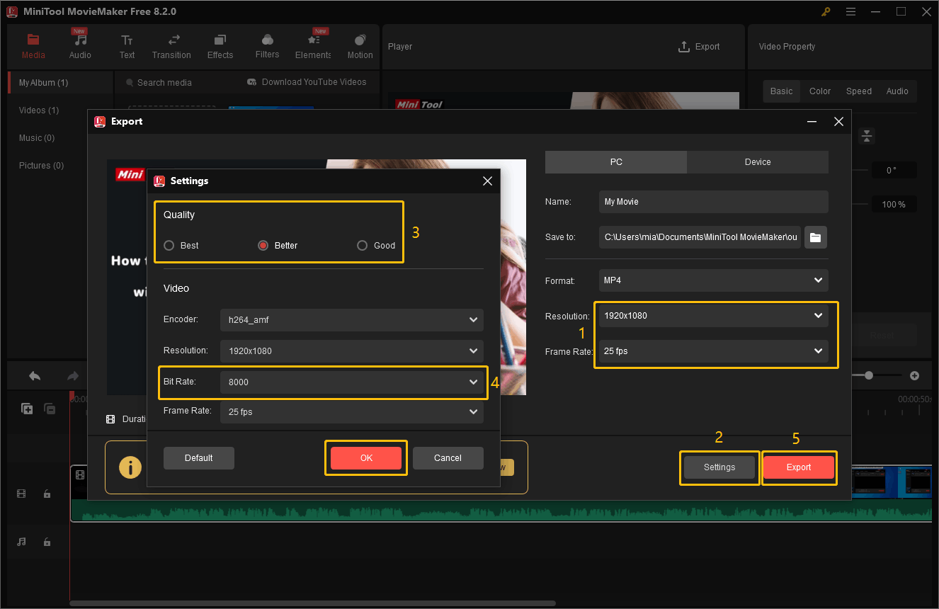 Customize the file name, save location, output format, resolution, frame rate, video quality, and bitrate in MiniTool Video Converter and export the video