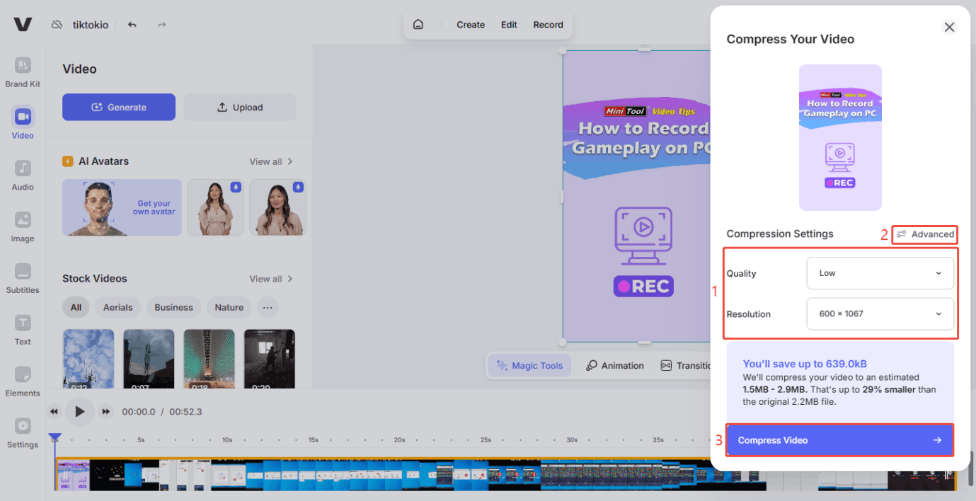 Select a smaller video quality and resolution, click on Advanced to lower the frame rate of the video, and then click on Compress Video in VEED Video Compressor