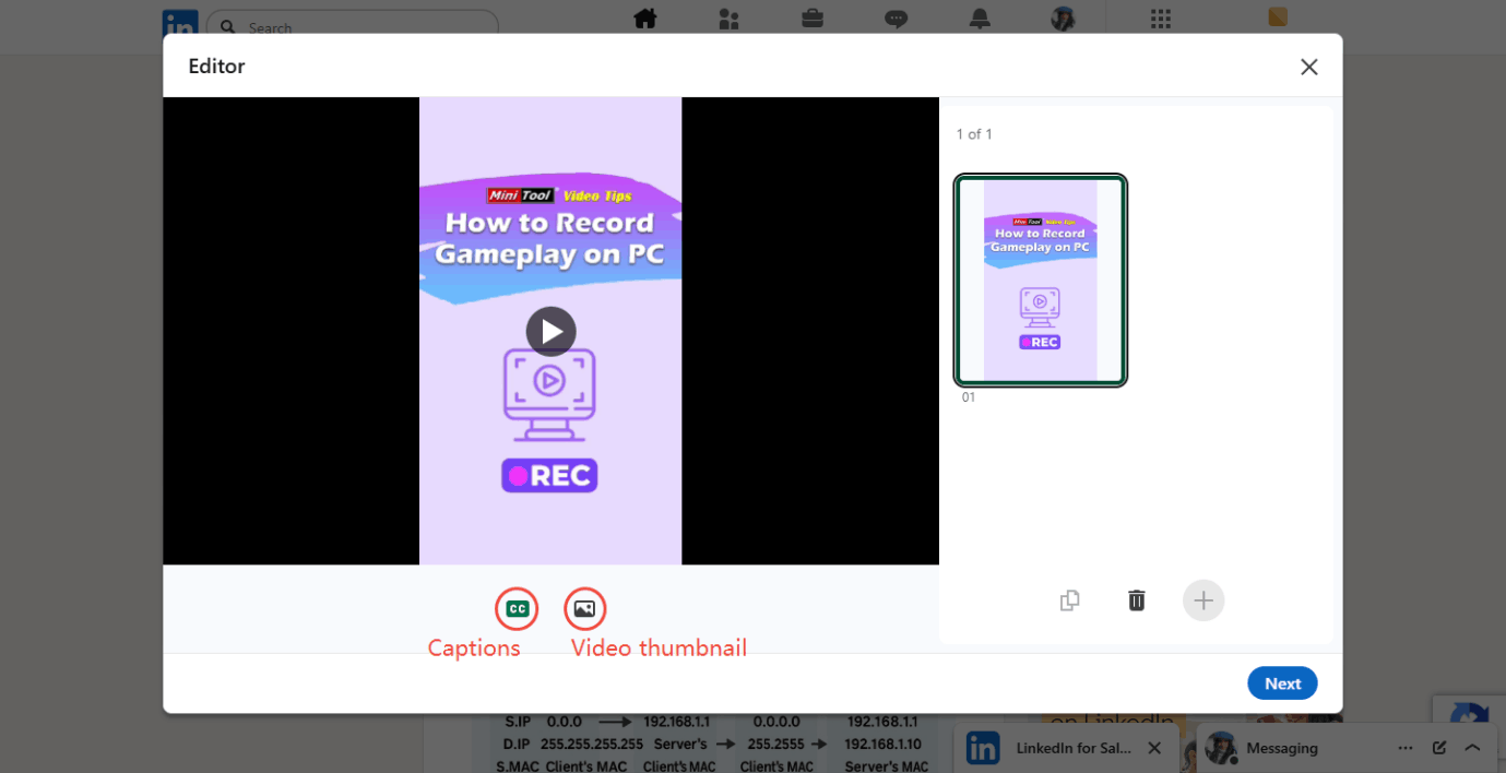 Click Captions to add auto-generated captions or click the Video thumbnail icon to upload a thumbnail for your video on LinkedIn