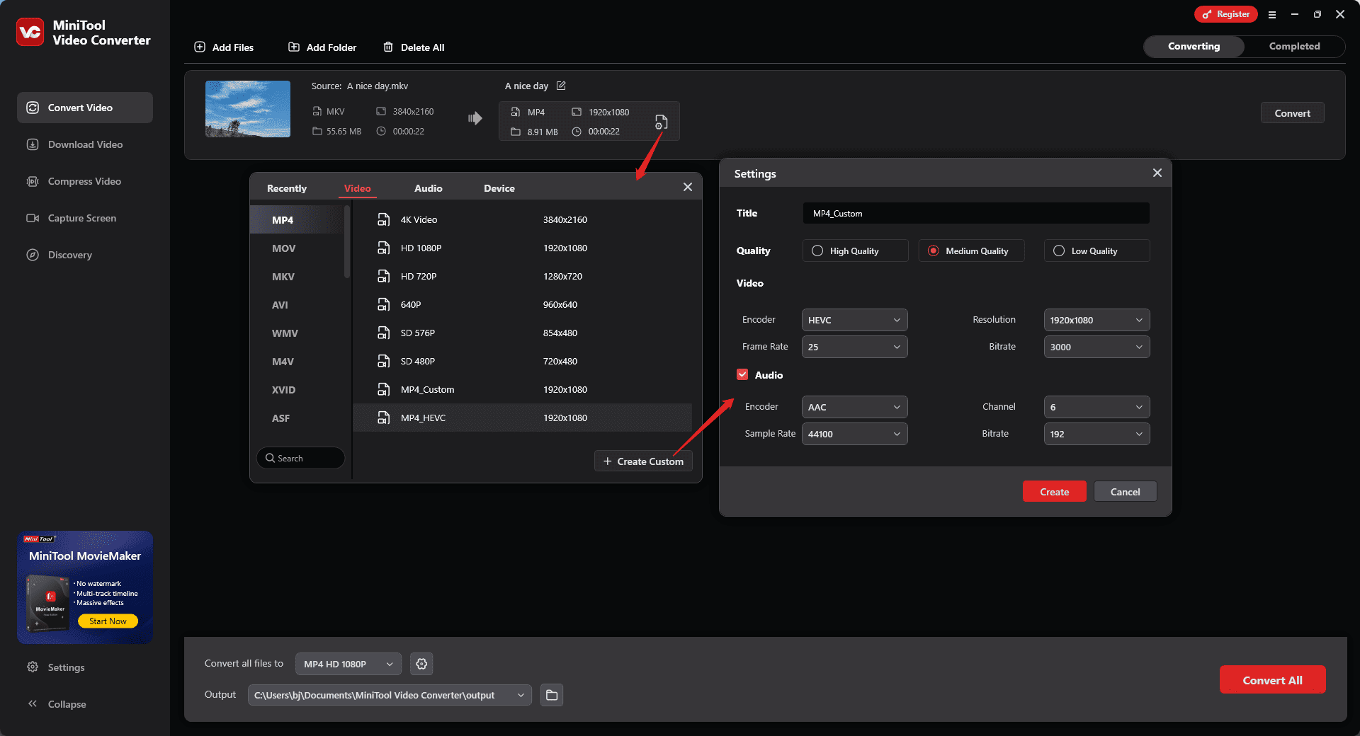Convert MKV to MP4 to compress it in MiniTool Video Converter