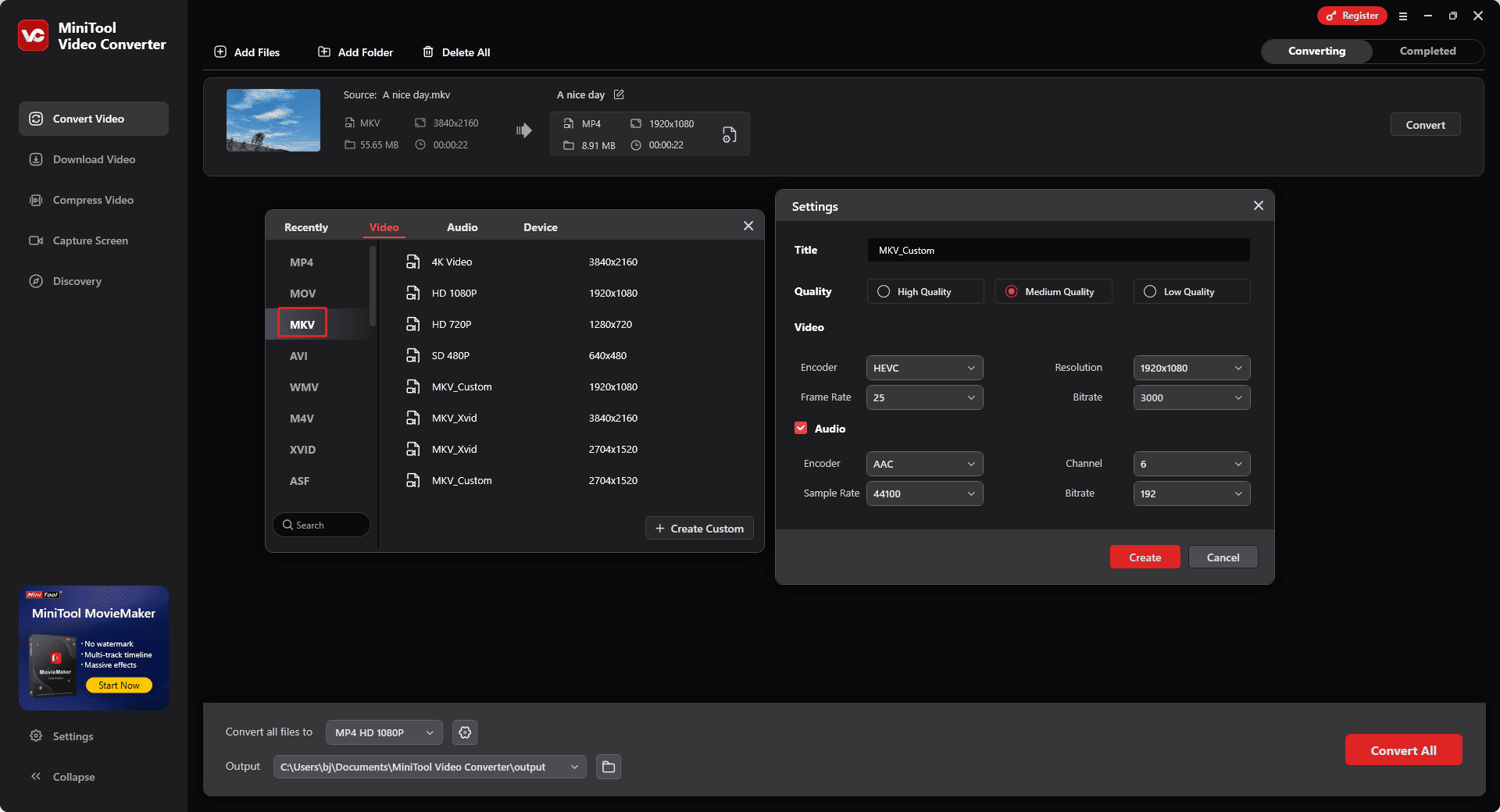 Change MKV encoding parameters for compression in MiniTool Video Converter