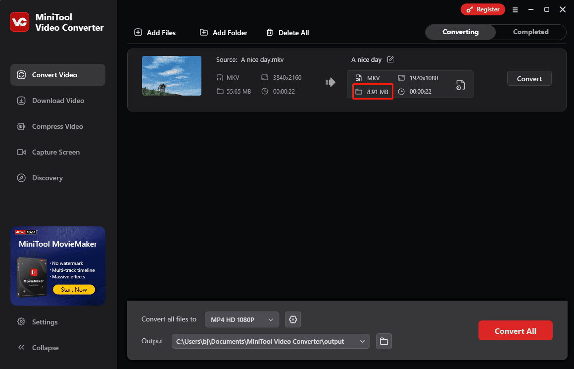 Check the video size in MiniTool Video Converter