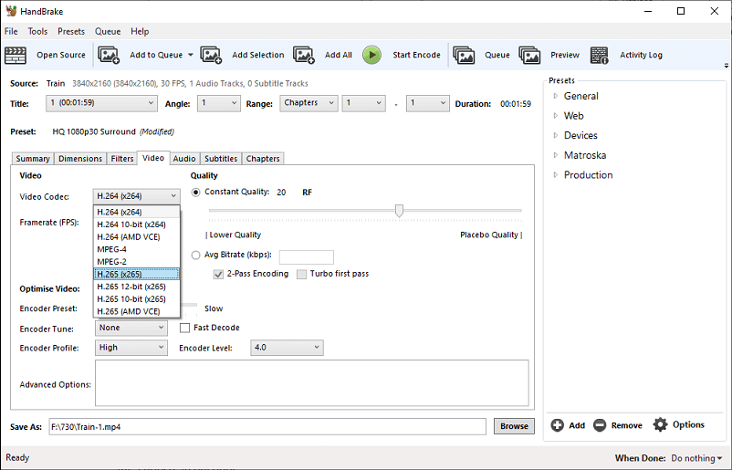 Chnage the video codec in HandBrake