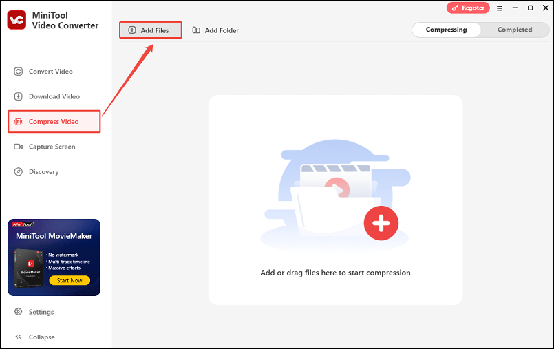 Get to the Compress Video section and click Add Files to import the target video in MiniTool Video Converter