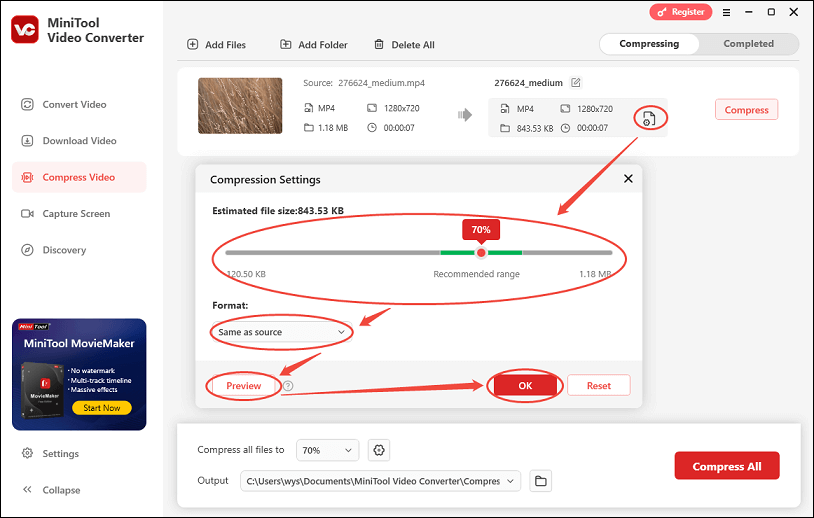 Click the settings icon, drag the slider, expand the Format box, click on Preview, and click OK in MiniTool Video Converter