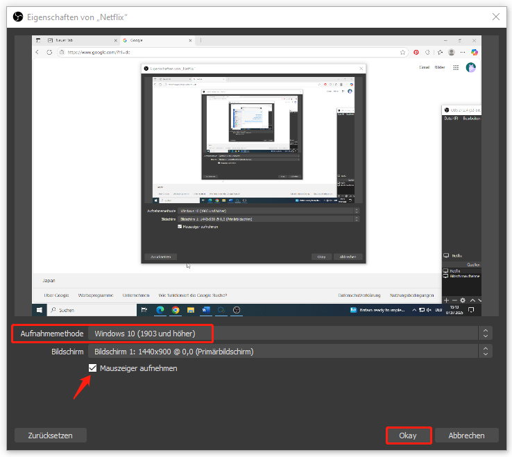 erweitern Sie die OBS die Option „Aufnahmemethode“ und wählen Sie „Windows 10“ aus