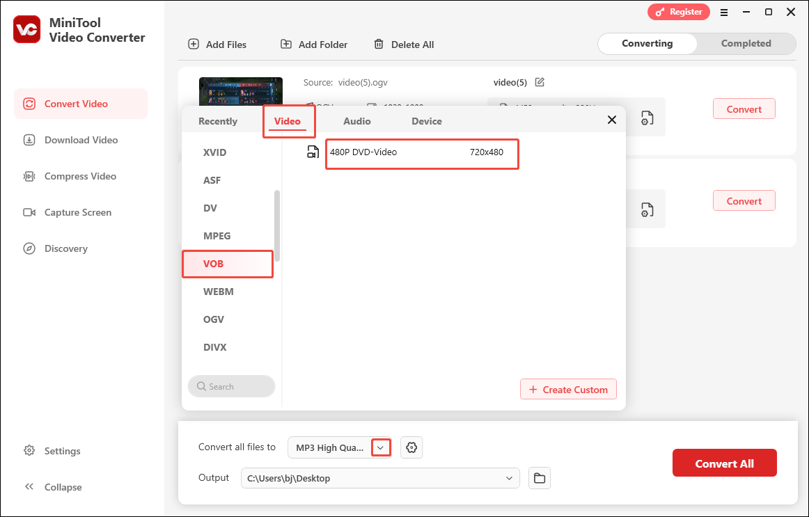 Expand the Convert all files to option in MiniTool Video Converter and set VOB as the output format