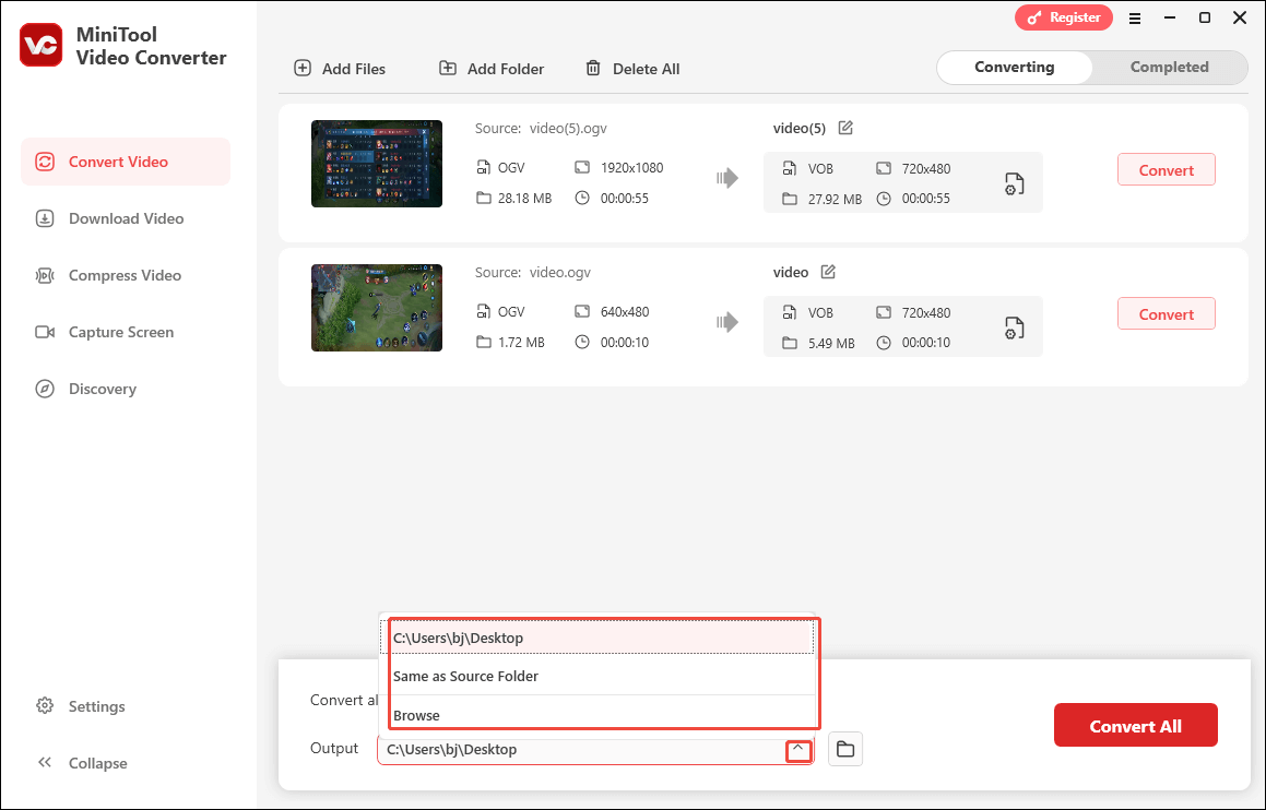 Expand the Output option in MiniTool Video Converter to choose an output location for your converted files