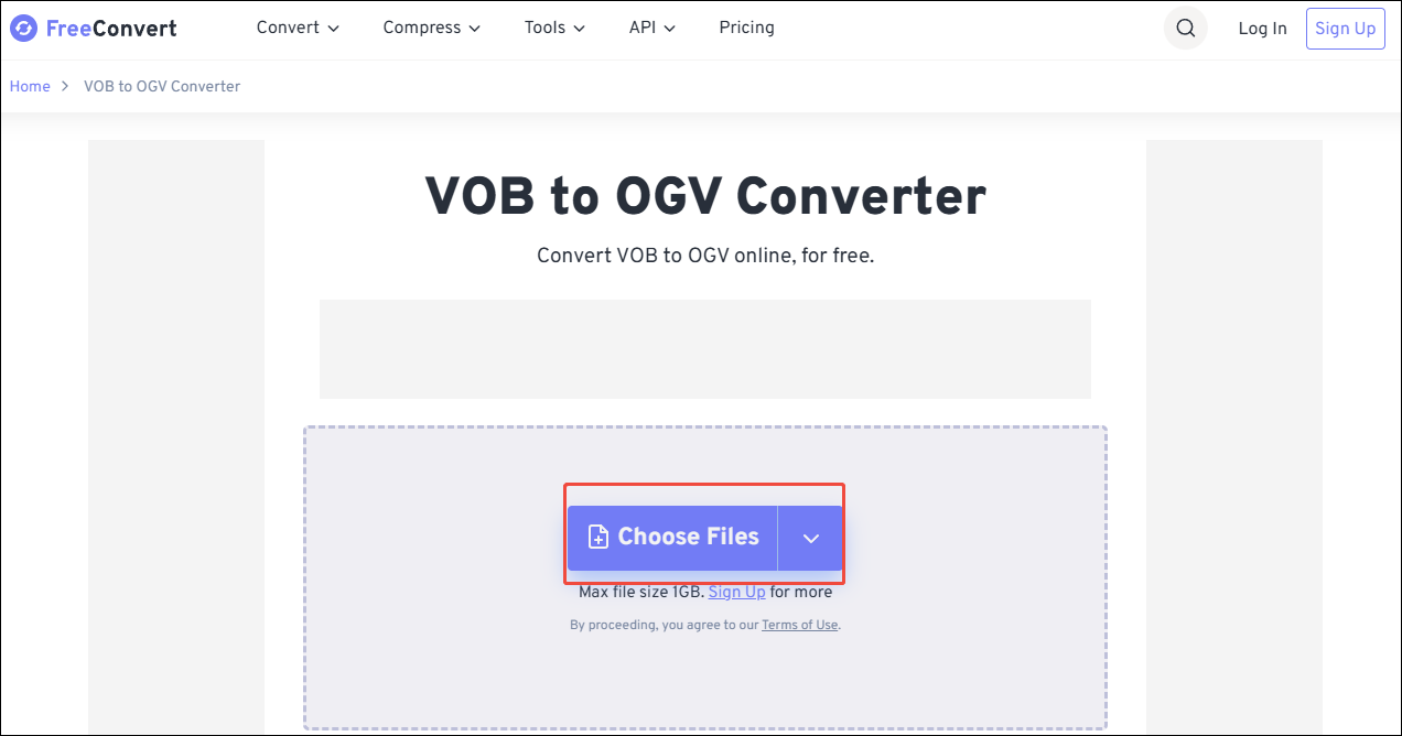 Click on Choose Files in Convertio to import your OGV files