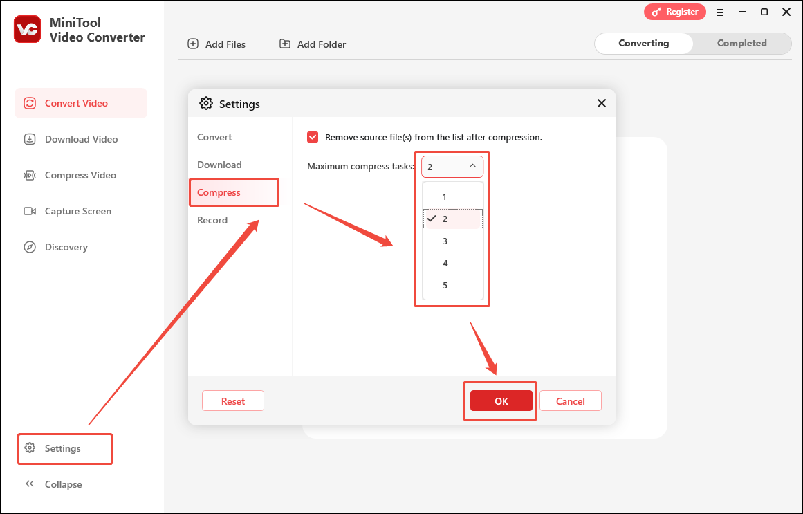 Configure the maximum compression tasks in the Settings window of MiniTool Video Converter