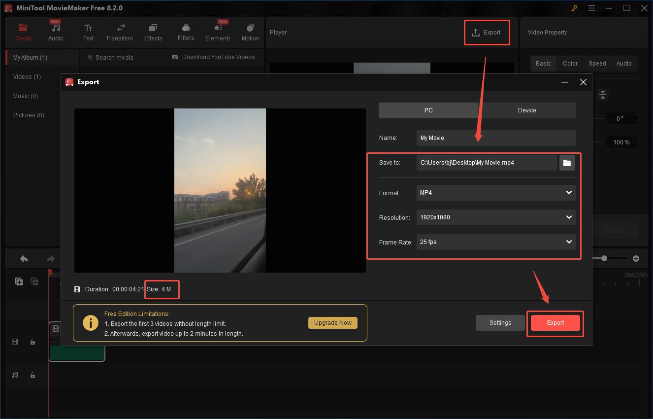 Configure the output settings in the Export window of MiniTool MovieMaker and click on Export to start compression