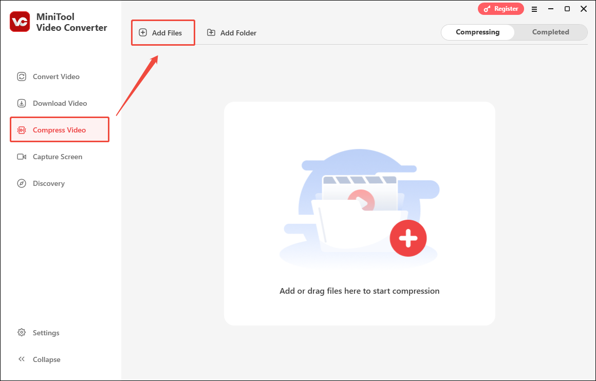 Click on Add Files in MiniTool Video Converter’s Compress Video tab to upload your Outlook videos