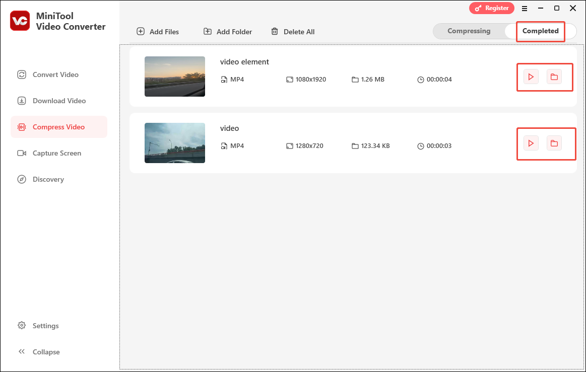 Click on the Folder icon or the Play icon in MiniTool Video Converter’s Compress Video tab to locate or view the output videos.