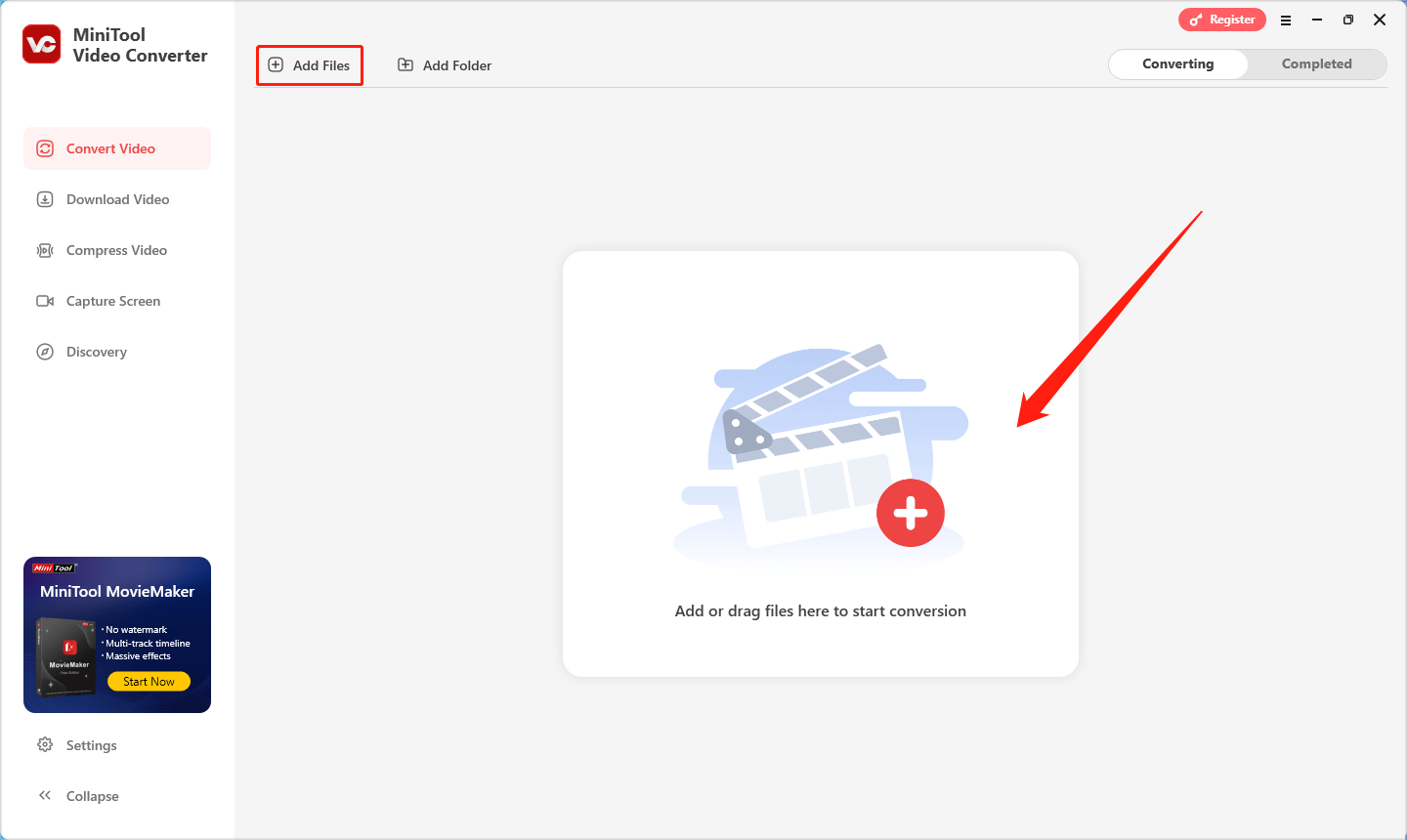 auf „Dateien hinzufügen“ oder auf den mittleren Bereich klicken, um die WebM-Datei in MiniTool Video Converter zu importieren