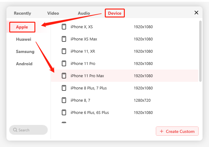zur Auswahl des Ausgabeformats klicken Sie auf „Gerät“ und dann auf „Apple“