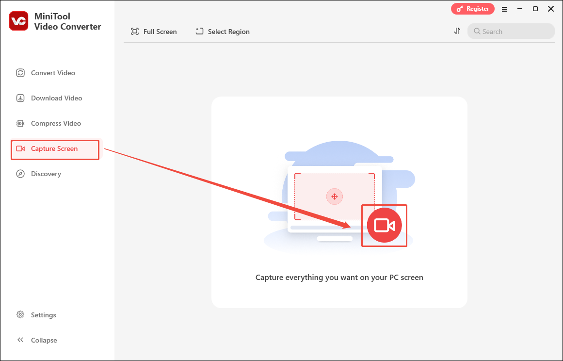 Click on the recording icon in MiniTool Video Converter's Capture Screen to enable MiniTool Screen Recorder