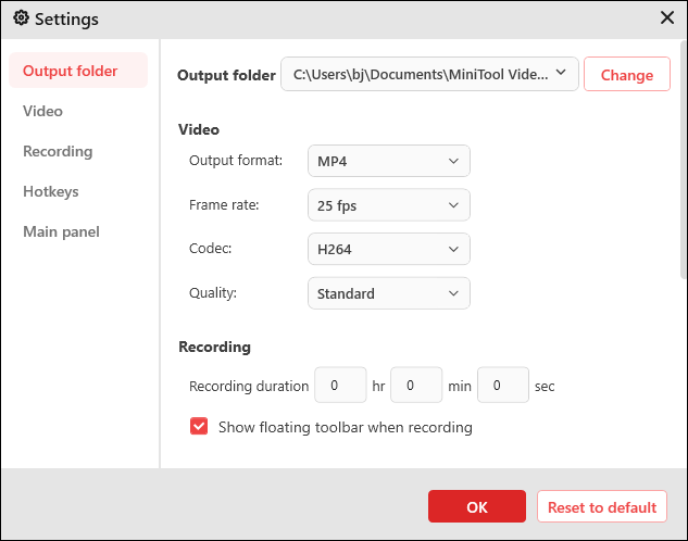 The Settings interface of MiniTool Screen Recorder