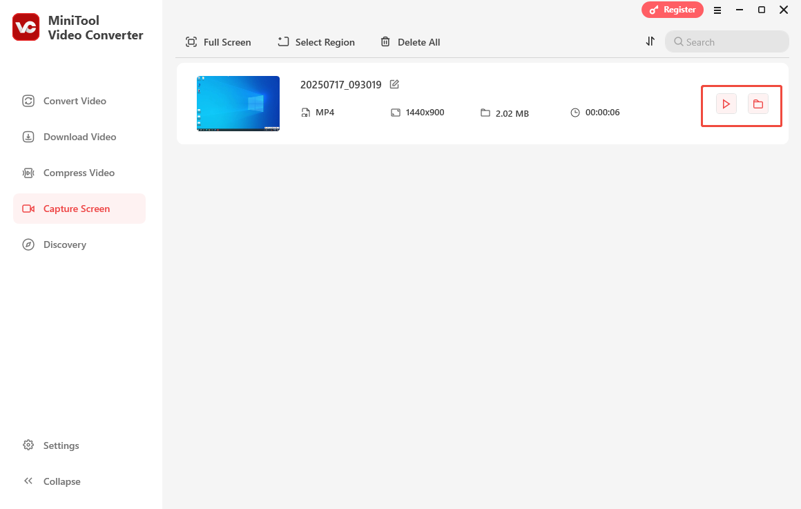 Click on Folder icon or the Play icon in MiniTool Video Converter to manage the recording file