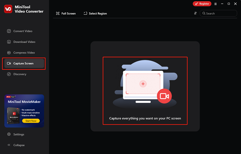 Go to the Capture Screen section and click the Capture everything you want on your PC screen area to access the MiniTool Screen Recorder window