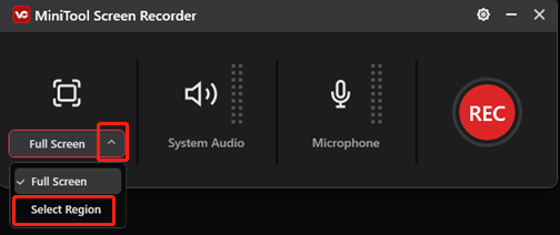 Select the recording area in MiniTool Screen Recorder for game recording