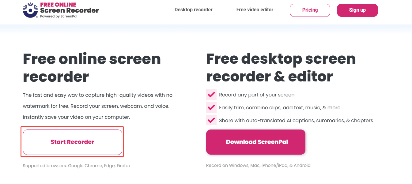 Click on Start Recorder in Online Screen Recorder to select the recording area