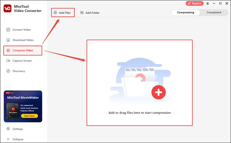 Click the Compress Video tab, click on Add Files or Add or drag files here to start compression to import the video to MiniTool Video Converter