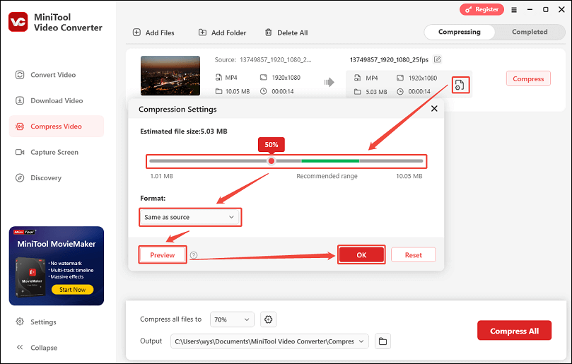 Click the Settings icon, drag and move the slider, choose the output format, preview the video, and click OK in MiniTool Video Converter