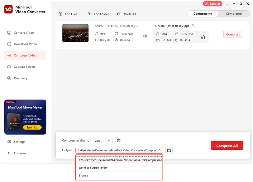 Expand the Output option to choose a save path for compressed video in MiniTool Video Converter