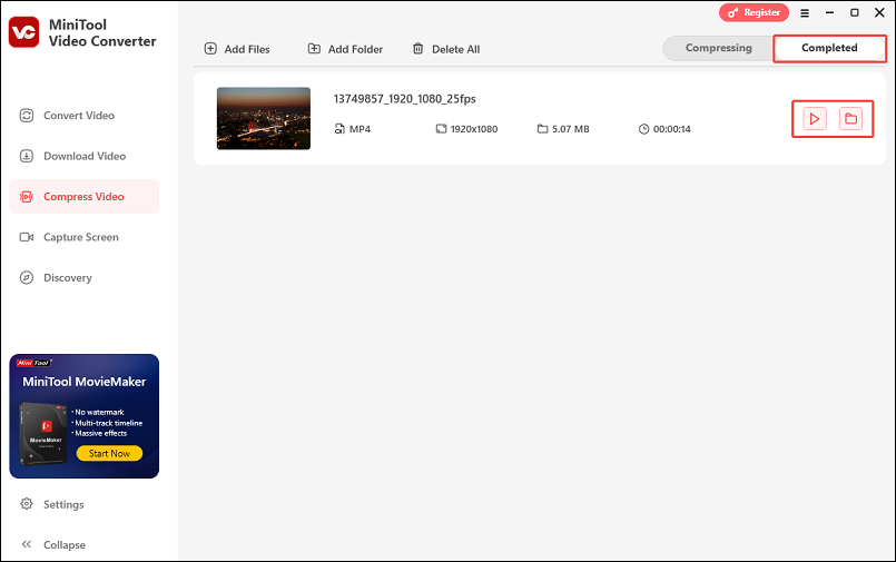 Click the play icon or the folder icon in the Completed tab of MiniTool Video Converter