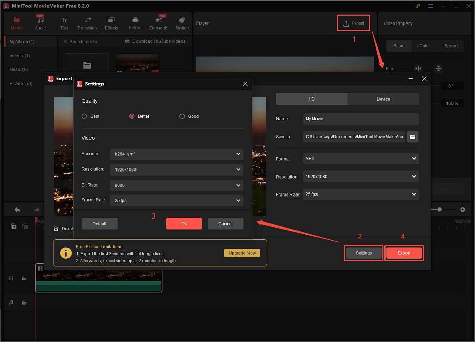 Click Export to access the Settings window to adjust the target video parameters for a smaller size in MiniTool MovieMaker