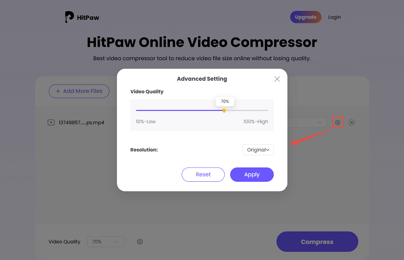Click the settings icon to adjust the video quality and resolution, and click on Apply in HitPaw