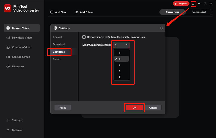 Click the top right hamburger icon and then enter the Settings window of MiniTool Video Converter to set the maximum simultaneous compression task