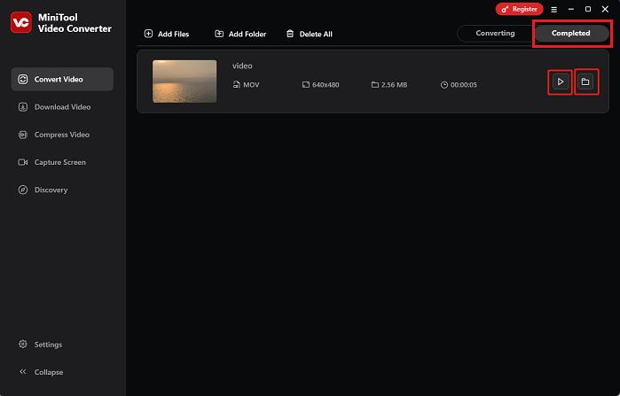 Click the Play icon to view the converted video in MiniTool Video Converter or click the Folder icon to locate the file