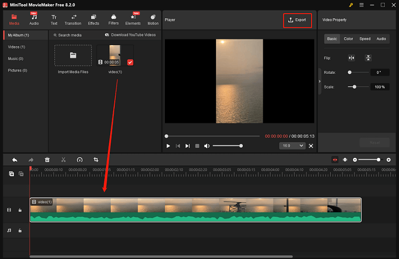 Drag the video to the timeline and click the Export option at the top right of the Player window to open the Export window in MiniTool MovieMaker