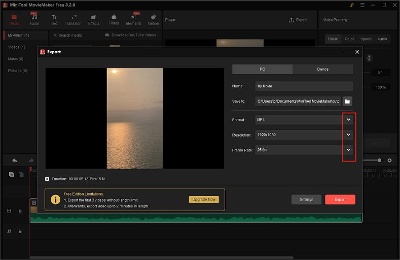 Compress the video by customizing frame rate, resolution, and format in MiniTool MovieMaker