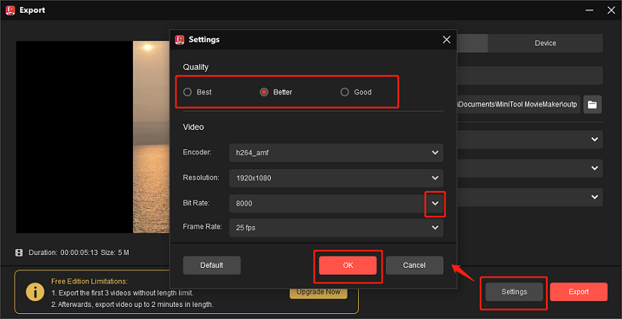 Change the video quality and bitrate in MiniTool MovieMaker to reduce MB of video